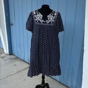 Floral Anthropologie Embroidered Navy Blue Dress